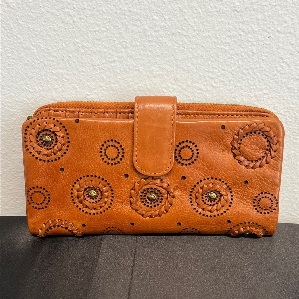 Leather Zip-Around Wallet with Decorative Cutouts - Tan